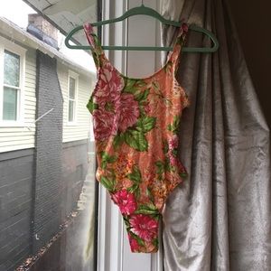 Vintage Peach Pink Floral Velvet Bodysuit Onepiece